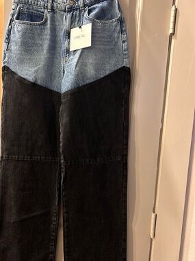 PIRAL Two-Tone High-Waist Denim Jeans - Light Blue & Black
